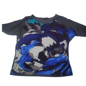 The Limited Women Gray & Blue Floral Print Short Sleeve Top Size S